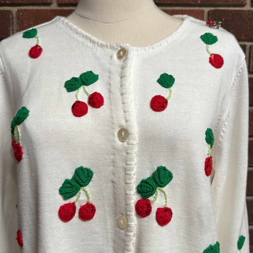 Quacker Factory Cherry Embroidered White Sweater M NWT